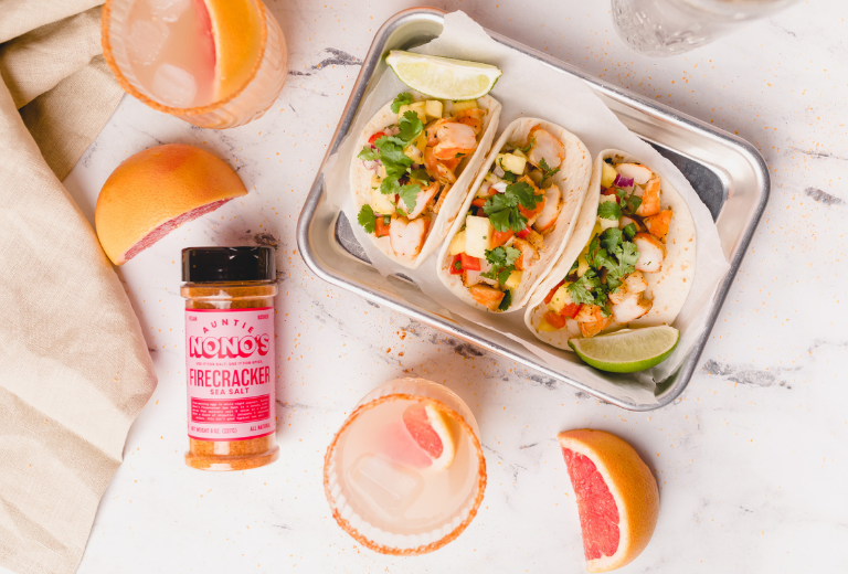 Shrimp tacos with Auntie Nono's Firecracker Sea Salt 