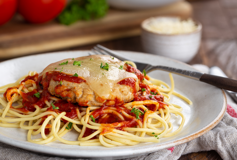 auntie nonos air fryer chicken parmesan over noodles