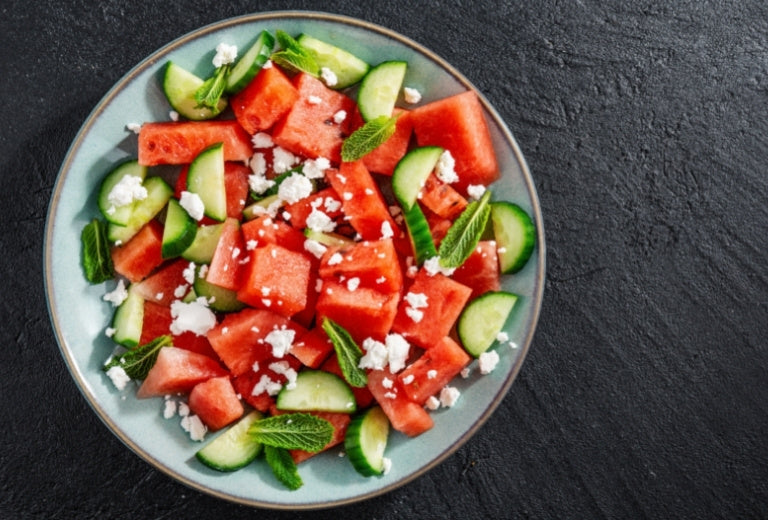 watermelon, cucumber, and feta salad with auntie nonos firecracker sea salt