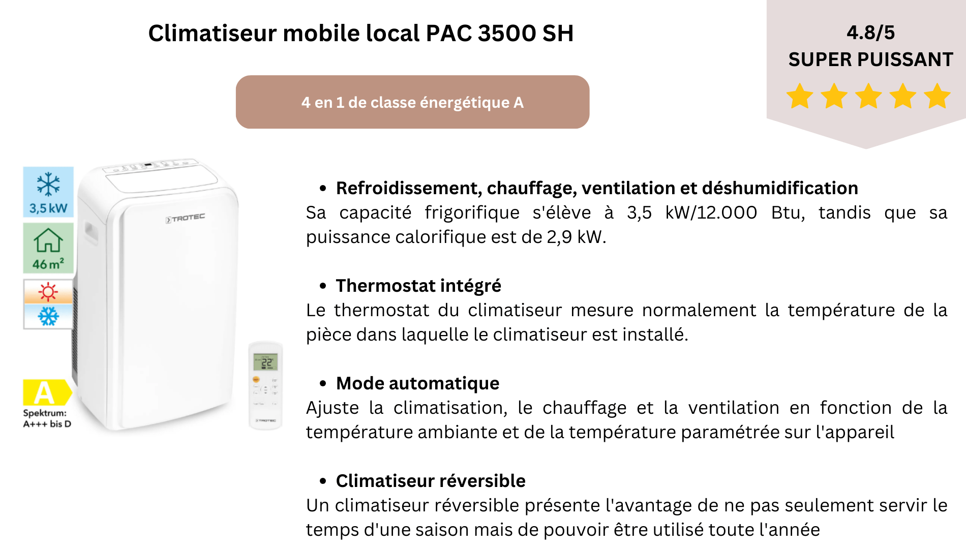 Climatiseur mobile local PAC 3500 SH