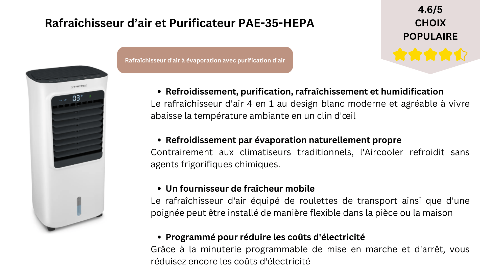 Rafraîchisseur d'air-purificateur PAE 35 HEPA