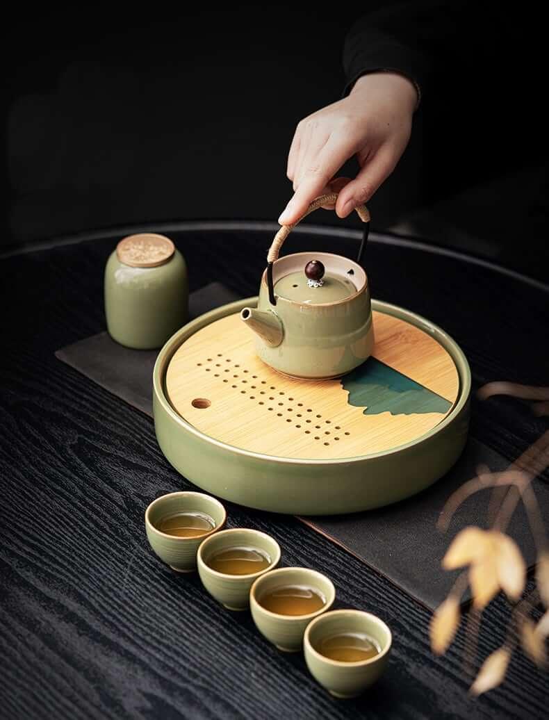 Simple Small Wenge Wood Tea Tray + One Pot Four Cups Dry Brew Set