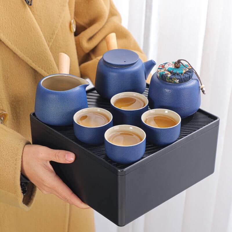 Simple Small Wenge Wood Tea Tray + One Pot Four Cups Dry Brew Set