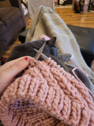 An image showing close up someone knitting a hat on circular knitting needles.
