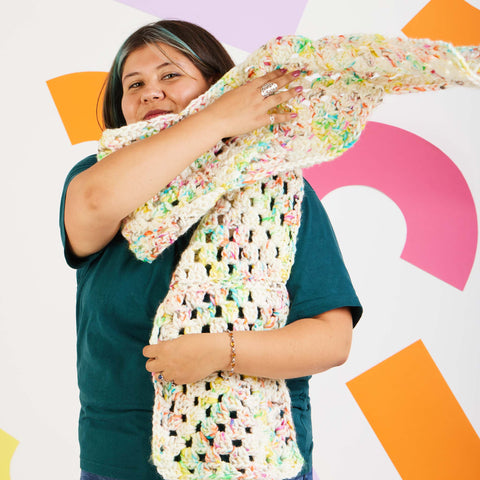 Hopscotch granny square scarf crochet pattern at Stitch and Story