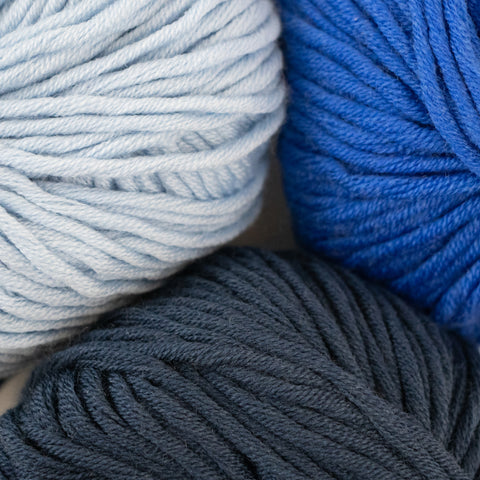 An example of a monochrome colour palette of blue yarns