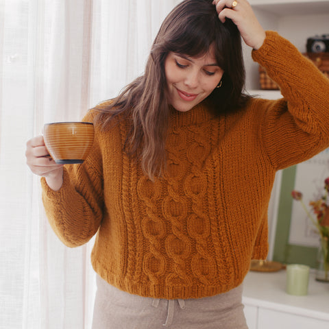 Shop the Venezia Cable Sweater PDF knitting pattern and yarn bundle at Stitch & Story