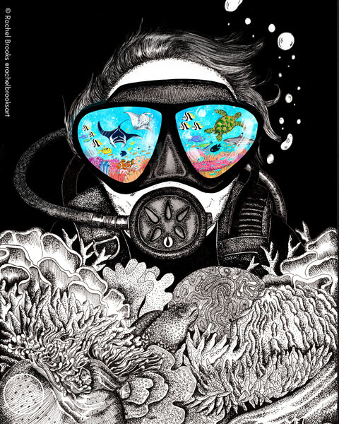 A diver on a bleached coral reef, hoping for a brighter future for our ocean - Artivism by Rachel Brooks Art 