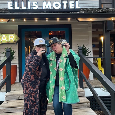 My favorite customers in their Sapana Blanket Coats drinking outside Ellis Motel