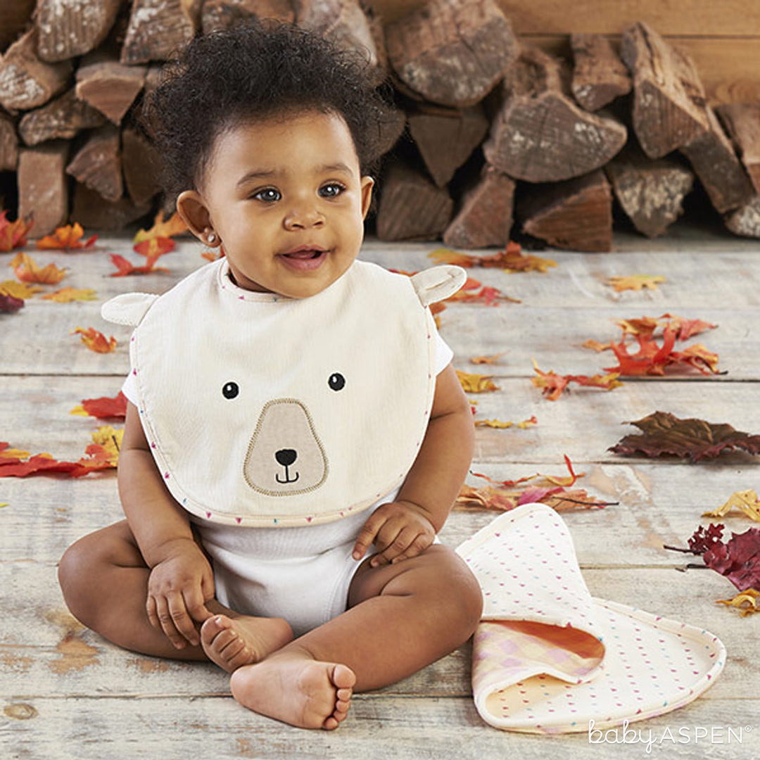 Pink Plaid Bear Bib and Burp Cloth | Baby Aspen | Happy Camper Collection