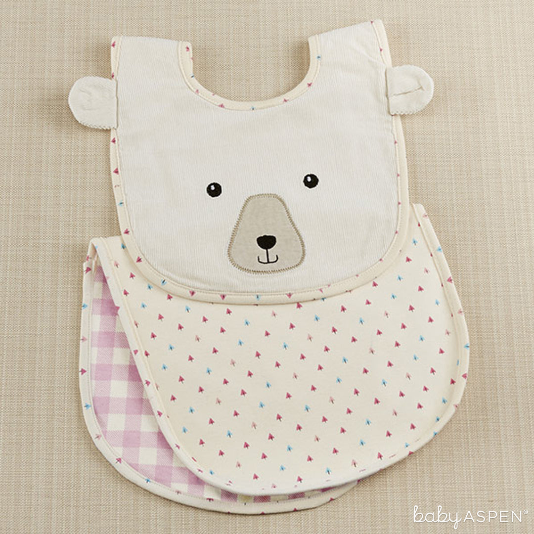 Girl Baby Gift | Pink Plaid Bear Bib and Burp Cloth Set | Baby Aspen | Happy Camper Collection