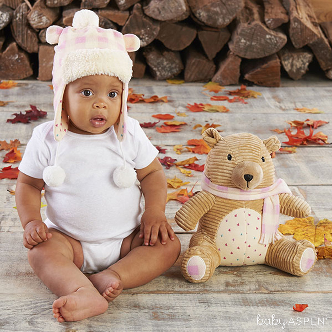 Pink Plaid Claire the Bear Plush Plus Hat for Baby | Baby Aspen | Happy Camper Collection