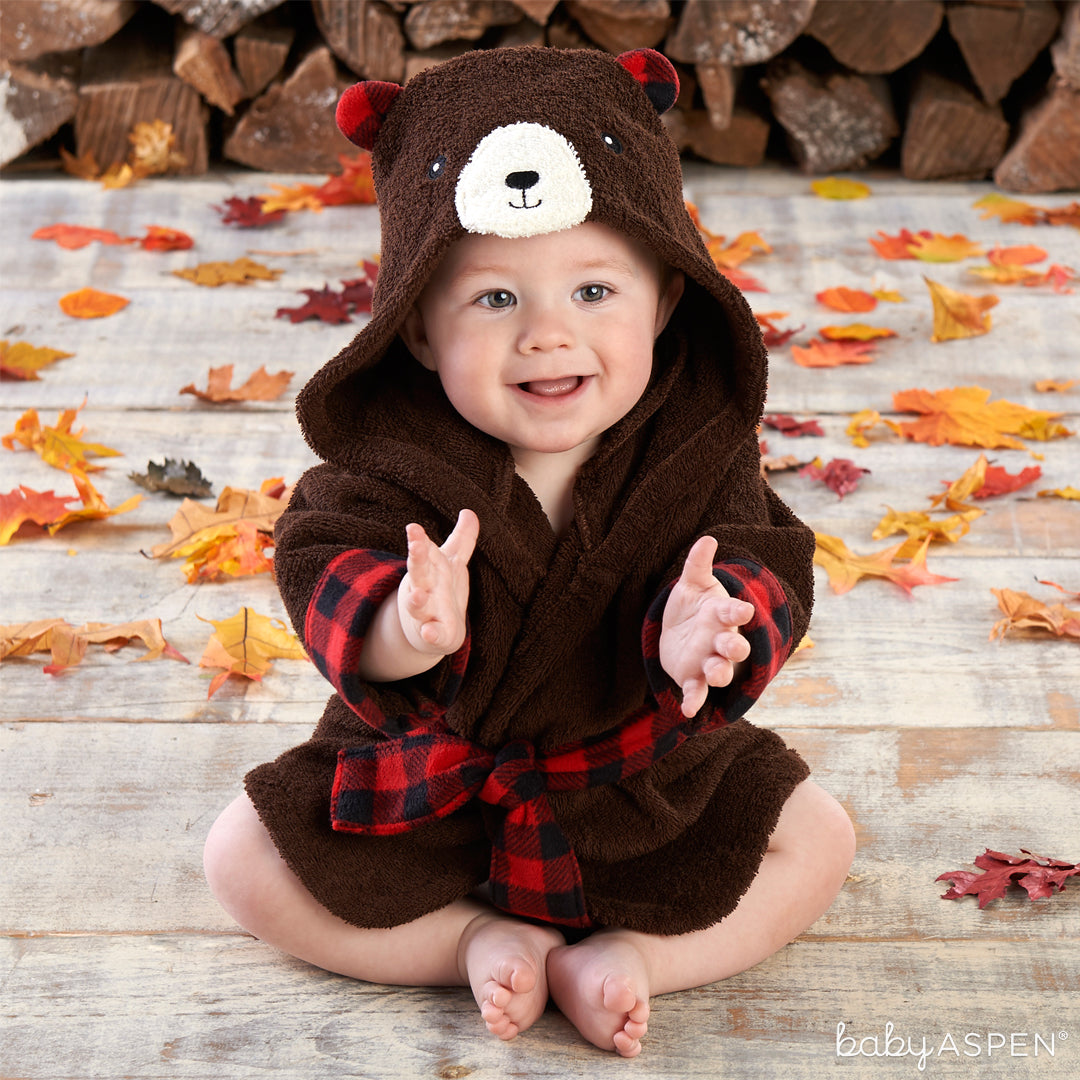 Beary Bundled Brown and Red Hooded Robe | Baby Aspen