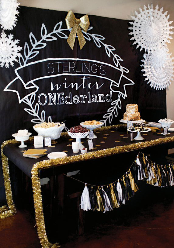 Black and Gold Winter Wonderland | Winter 'One'derland Birthday Party | Baby Aspen