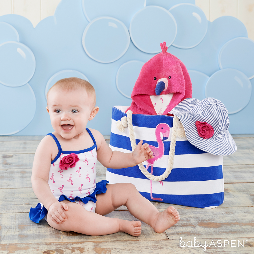 Baby in Flamingo Bathing Suit | Flamingo Nautical Tote Bag Gift Set | Baby Aspen