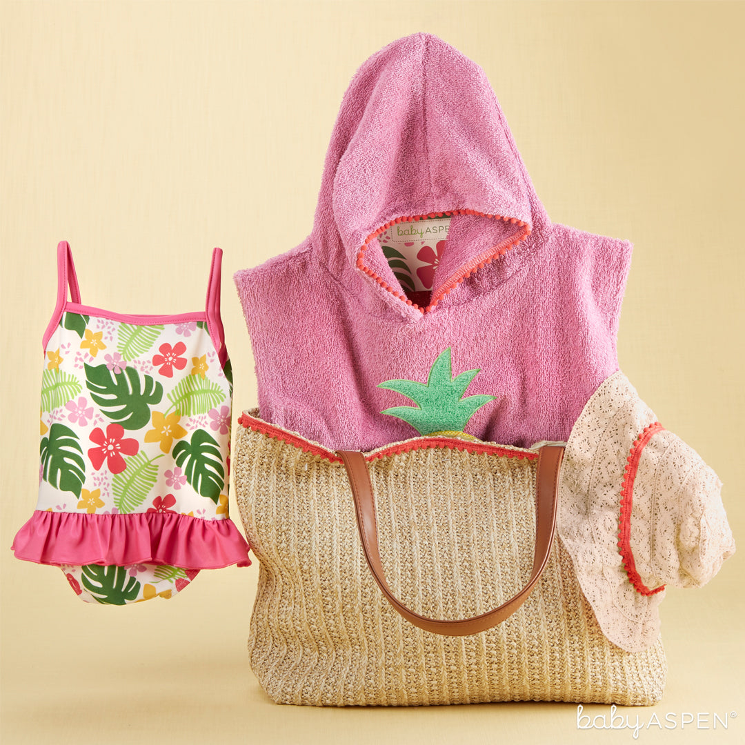 Four Piece Gift Set with Raffia Tote for Mom (Girl) | 4 Totally Tropical Gifts for Baby | Baby Aspen