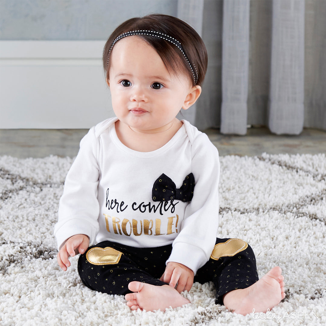 Trendy Baby Here Comes Trouble 2-Piece Outfit | 5 Trendy Gifts for Your Stylish Baby | Baby Aspen