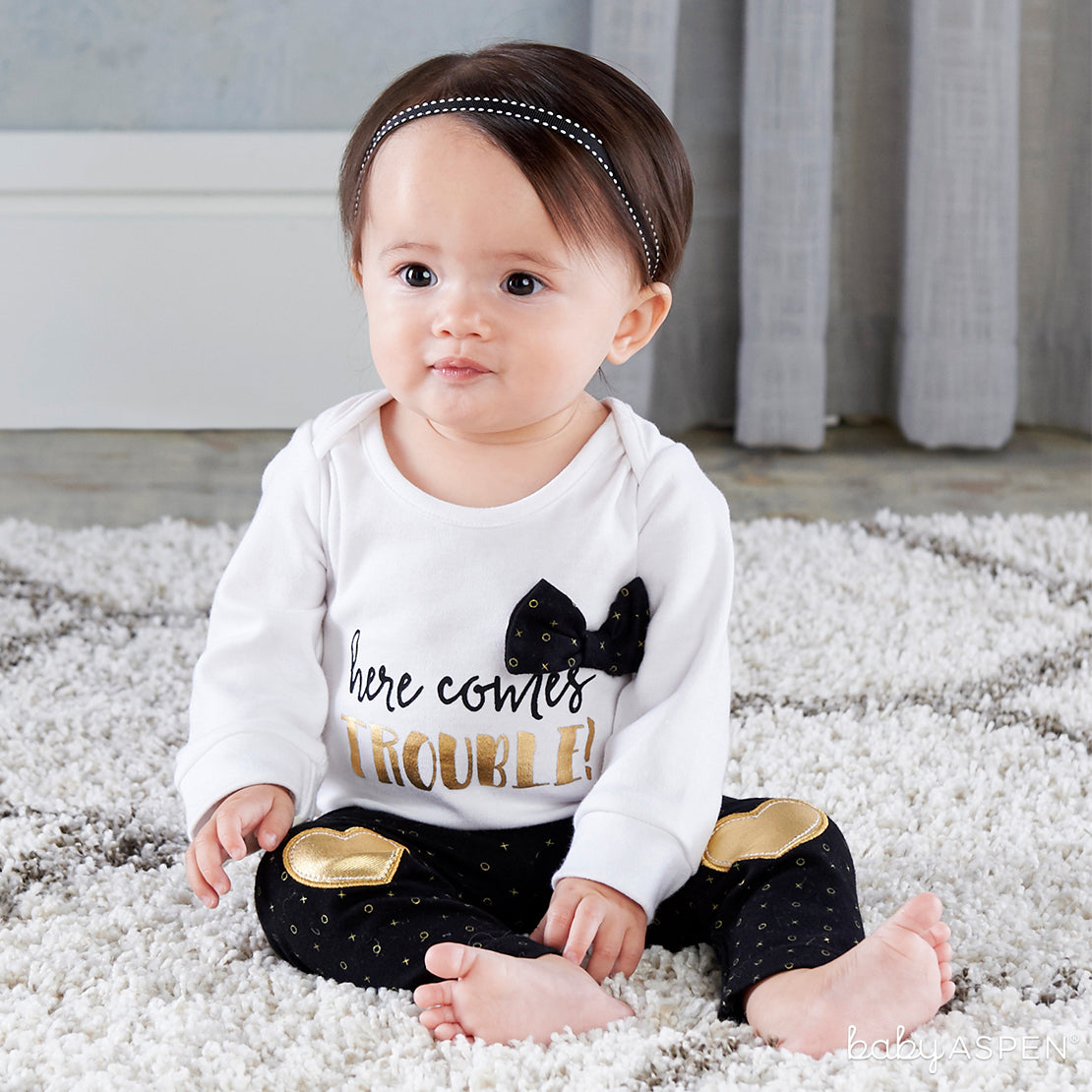 Trendy Baby Here Comes Trouble 2 Piece Outfit | 9 Ideas to Keep Baby Warm This Winter | Baby Aspen