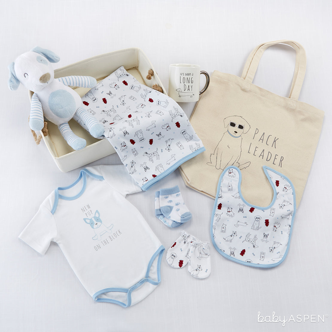 New Pup 9-Piece Baby Gift Basket | 6 Gifts for a Puppy Themed Baby Shower | Baby Aspen