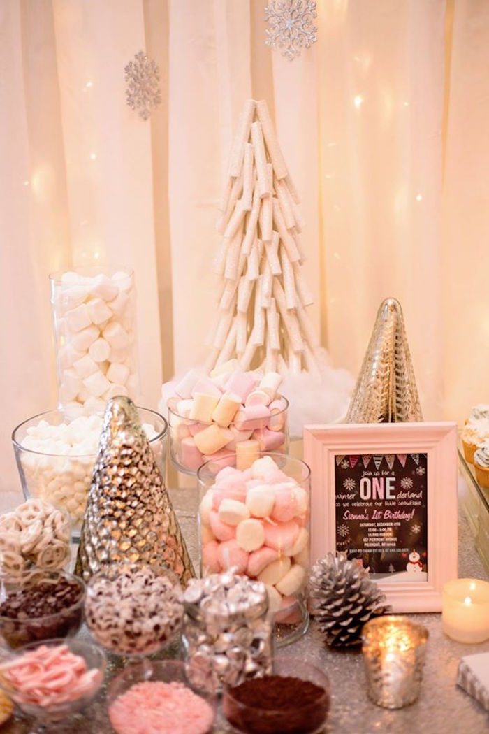 Pink Winter Wonderland Dessrt Table | Winter 'One'derland Birthday Party | Baby Aspen