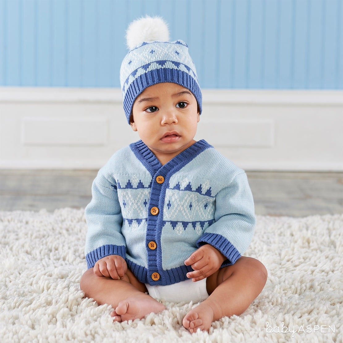 Blue Fair Isle Cardigan and Pom Pom Hat | Holiday Gift Guide: Top 10 Baby Picks for 2018 | Baby Aspen