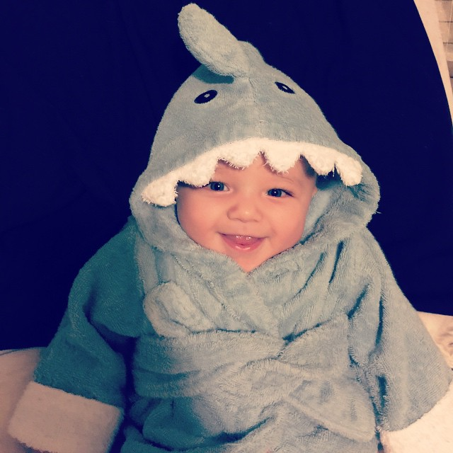 Smiling Baby in Shark Robe via @ash326686 on Instagram