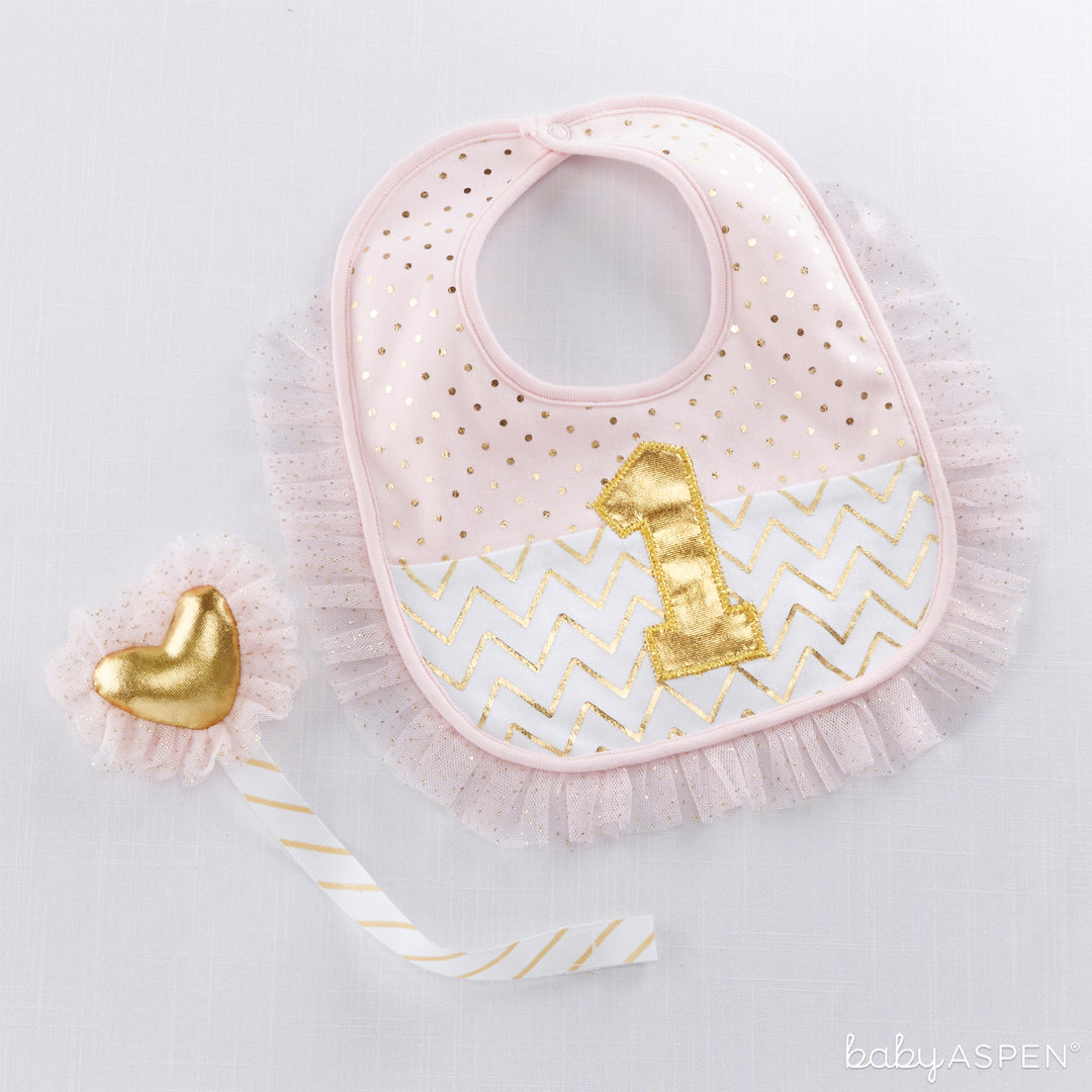 My First Birthday Pink and Gold Pacifier Clip and Bib Set | Baby Gifts for Each New Milestone | Baby Aspen