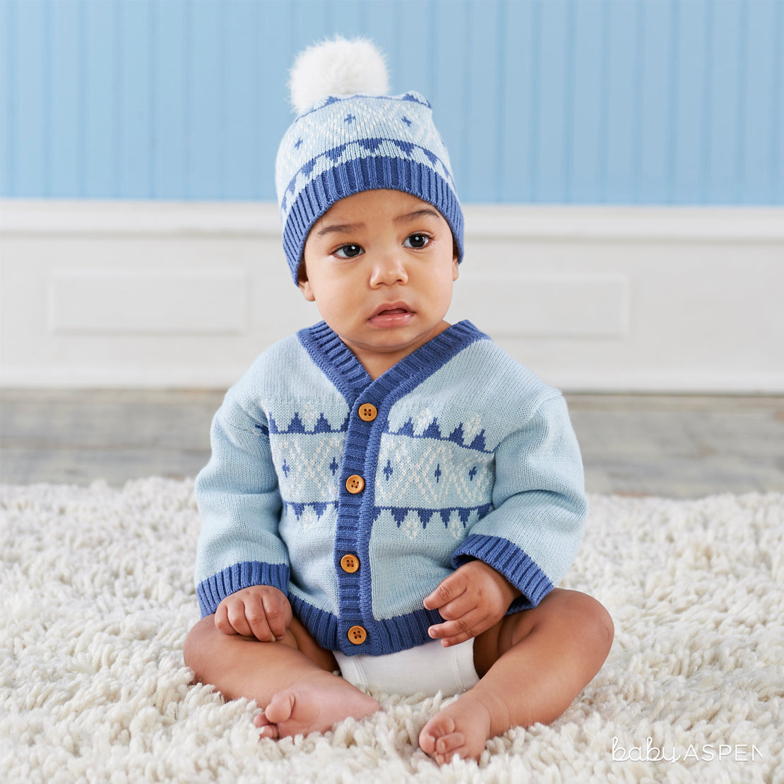 Blue Fair Isle Cardigan and Pom Pom Hat | Holiday Gift Guide: Top Baby Picks for 2017 | Baby Aspen