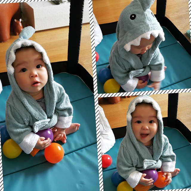 Baby Playing in Blue Shark Robe | via @@hazeleung on Instagram