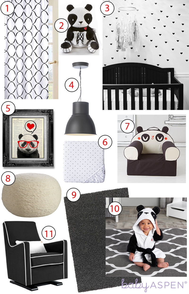 Panda themed baby nursery with a modern black and white color palette