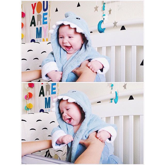 Happy baby in a @babyaspen shark robe | @taramoon on Instagram