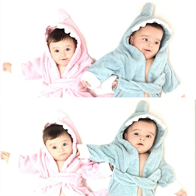 Twins in a Pink and Blue Shark Robe | via @twinsofnewyork on Instagram