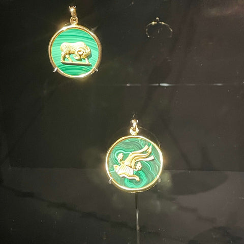 Aries and Aquarius Pendants in Malachite and Yellow Gold