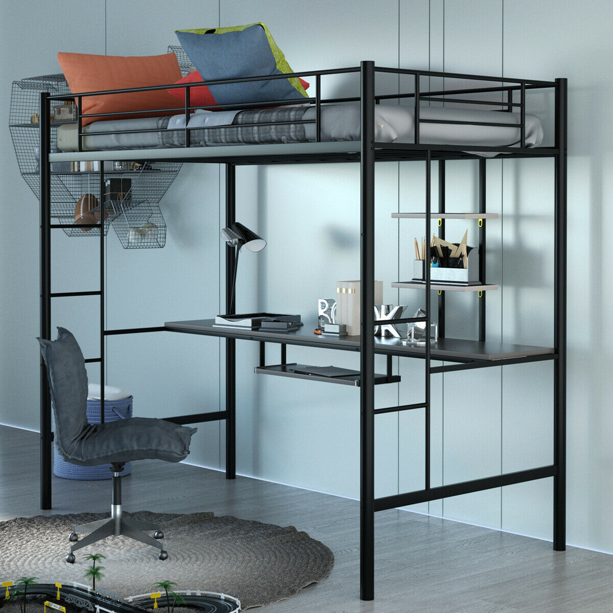Large Twin Adult Metal Loft Bed Frame With Storage And Desk– Zincera