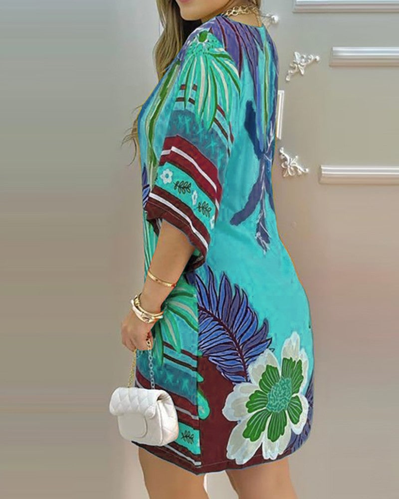  NTG 2022 Tropical Print Boat Neck Casual Dress