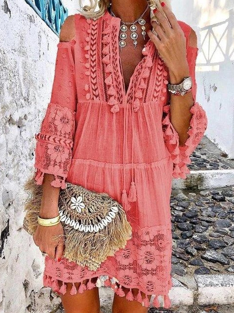 CROCHET LACE ELEGANT OFF SHOULDER TASSEL RUFFLE MINI DRESS – NTG Fad