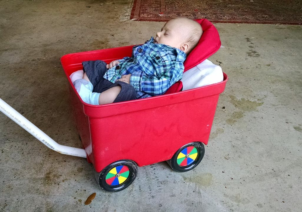 infant being pulled in a small wagon