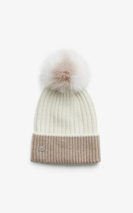 Soia & Kyo CIEL rib knit hat with removable feather pom pom