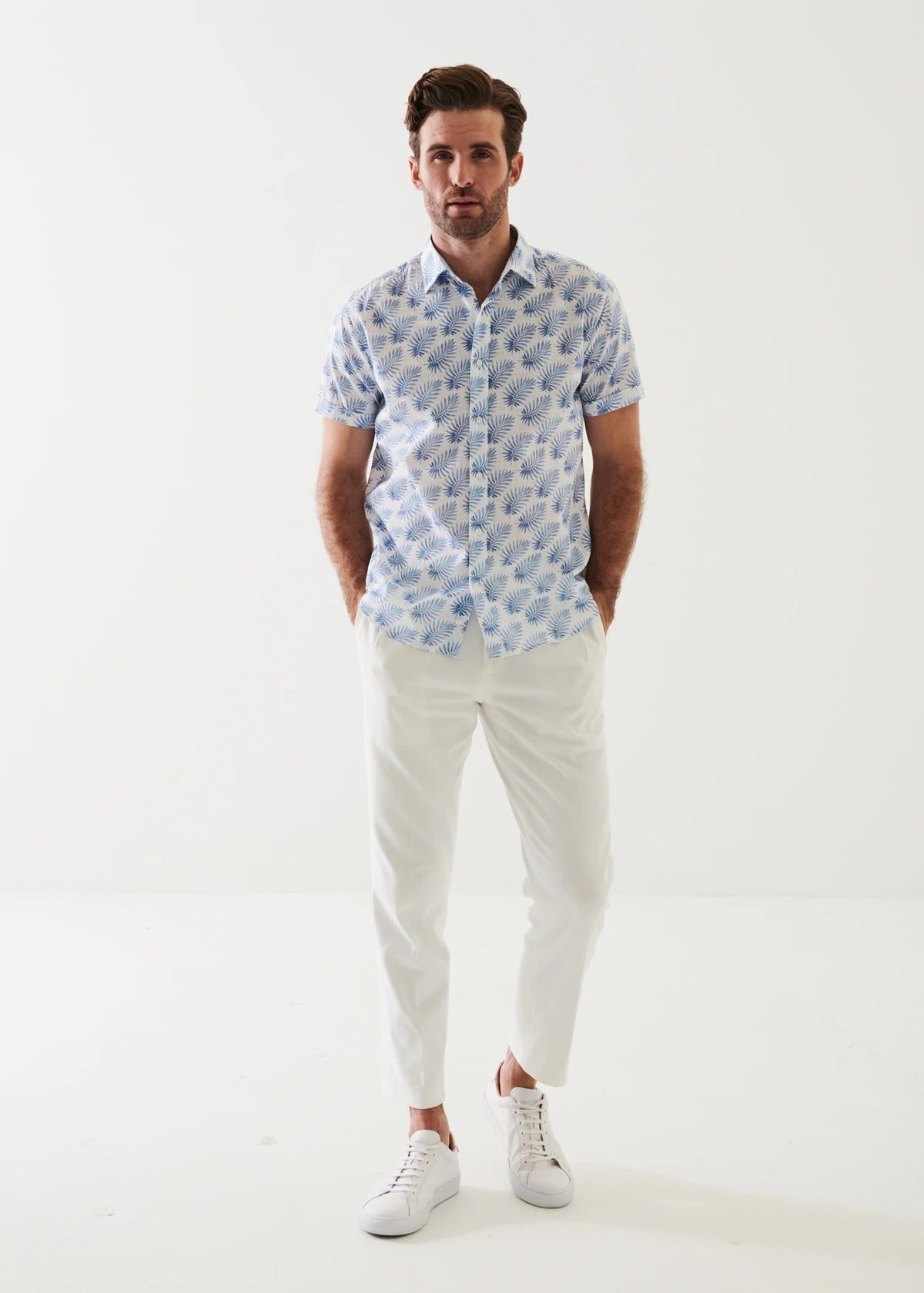 Patrick Assaraf Short Sleeve Printed Cotton Button Up