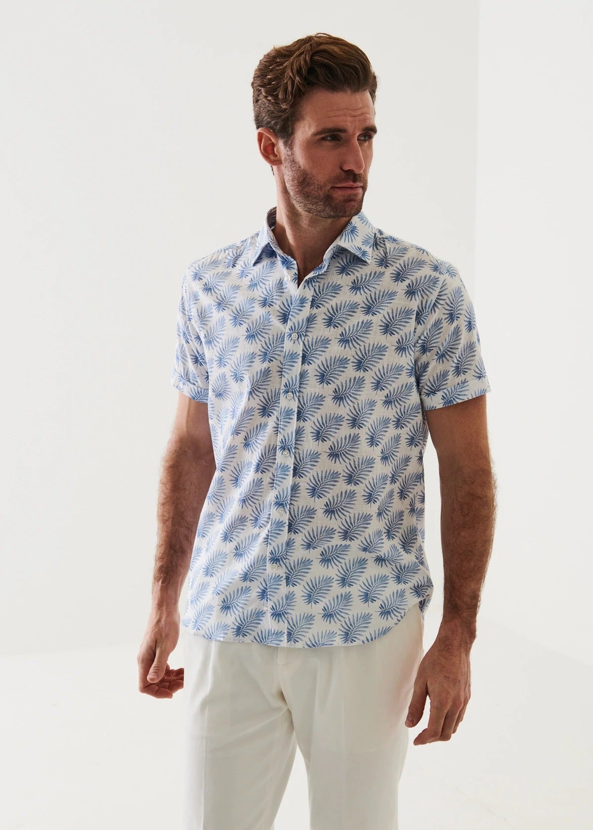 Patrick Assaraf Short Sleeve Printed Cotton Button Up