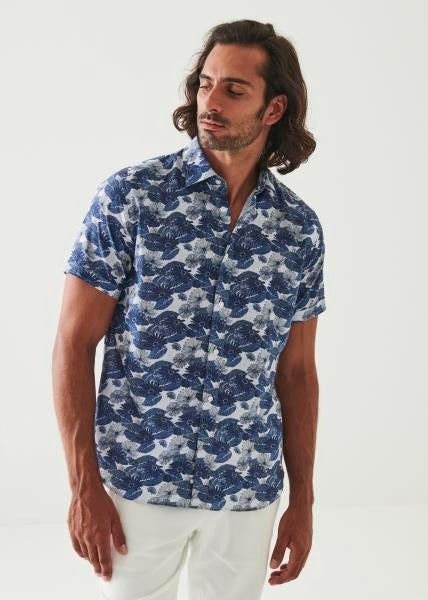 Patrick Assaraf Short Sleeve Printed Cotton Button Up