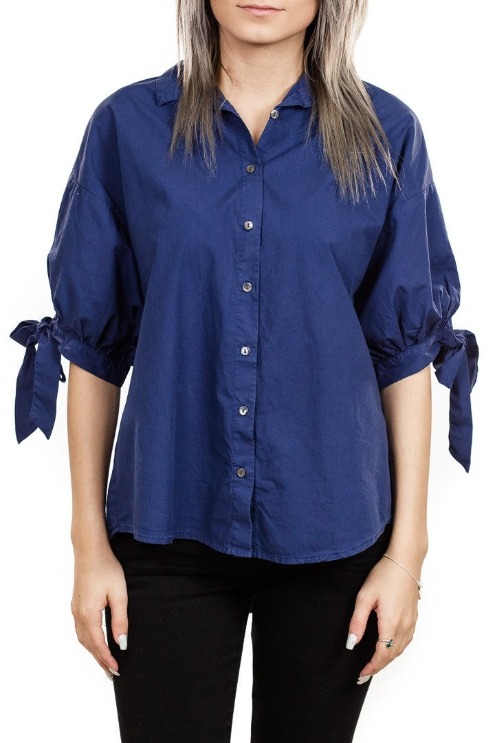 Velvet Meryl Cotton Poplin Tie Sleeve Button Up in Navy