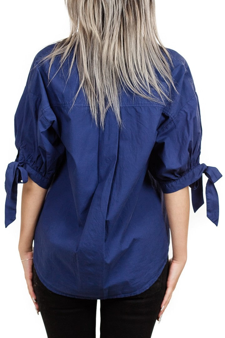 Velvet Meryl Cotton Poplin Tie Sleeve Button Up in Navy