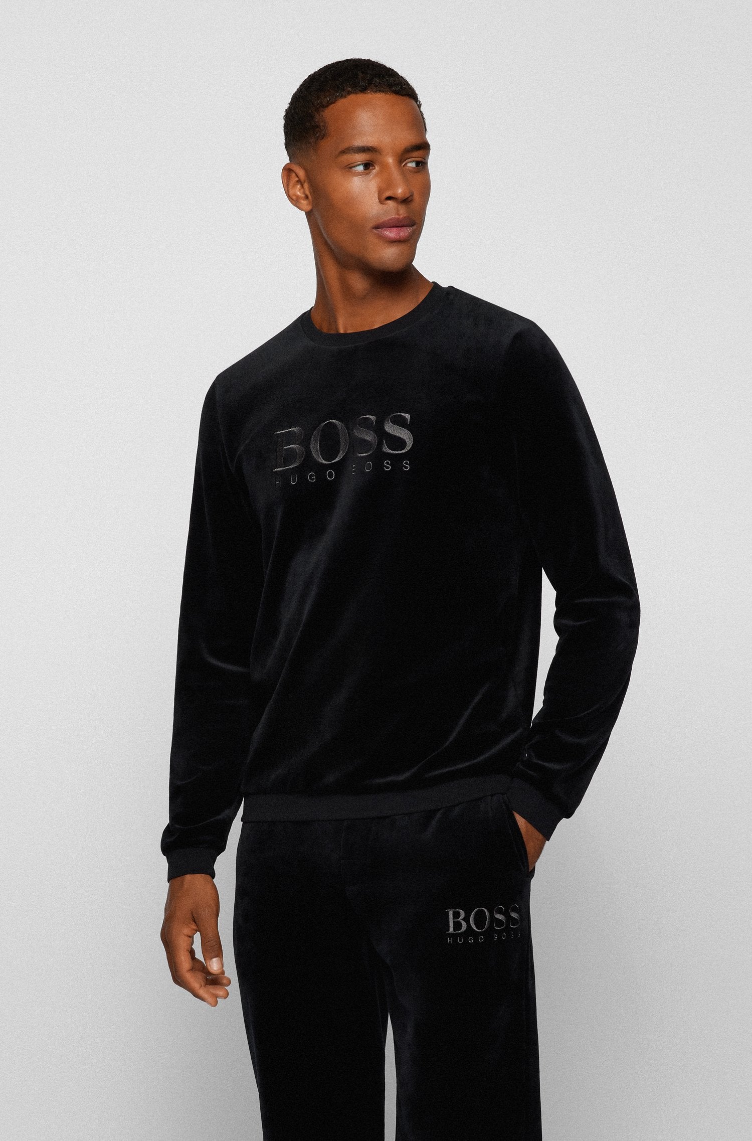 BOSS Loungewear sweatshirt in cotton-blend velour with logo embroidery