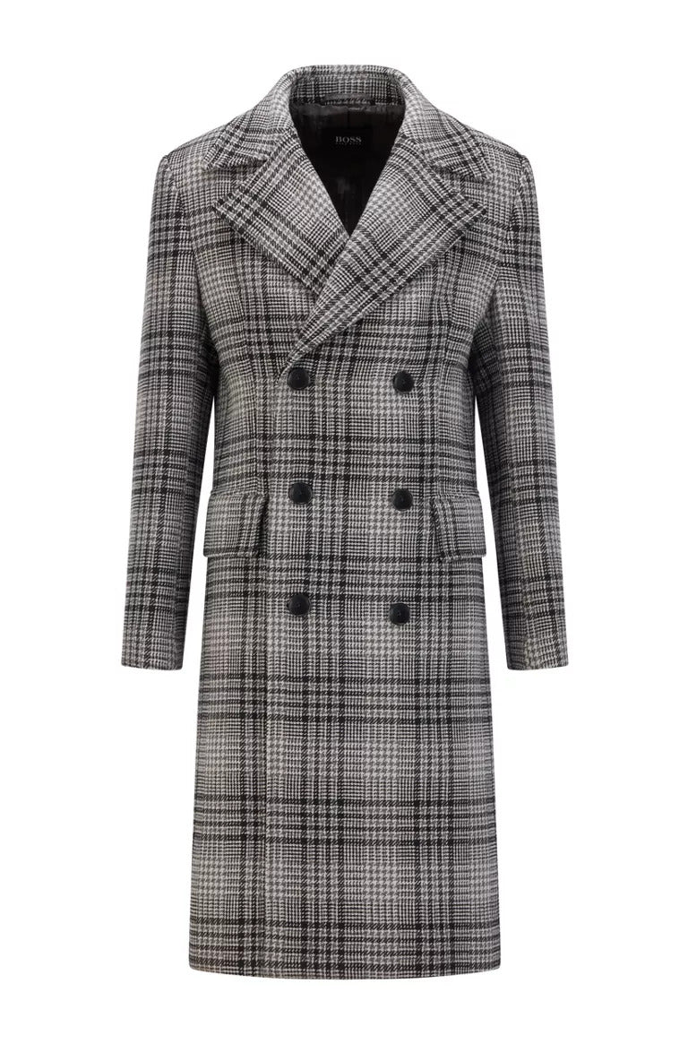 BOSS Wool-blend double-breasted coat with houndstooth check