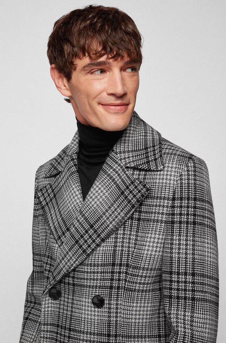 BOSS Wool-blend double-breasted coat with houndstooth check