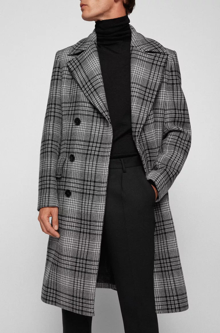 BOSS Wool-blend double-breasted coat with houndstooth check