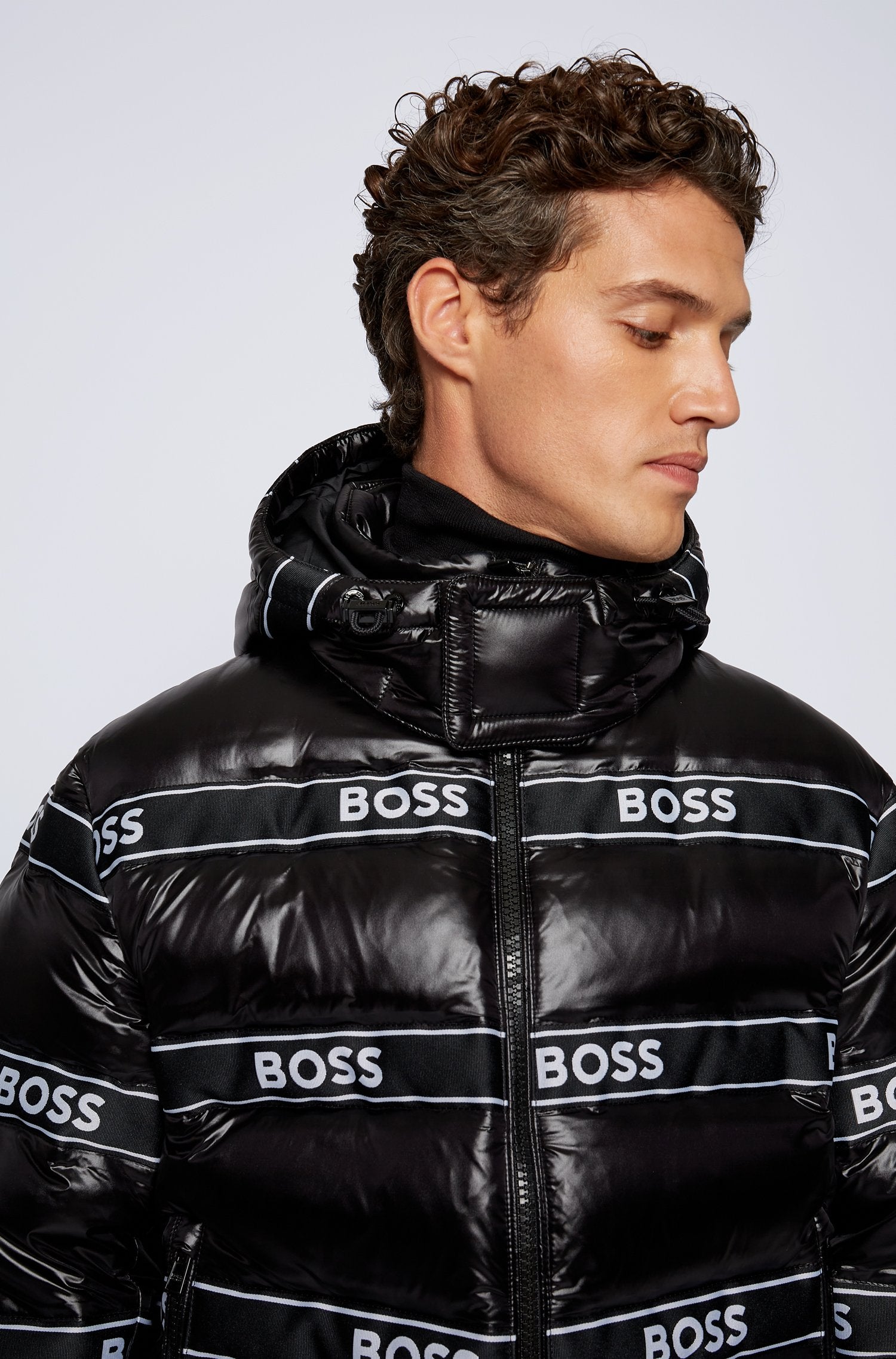 BOSS Down-filled jacket with logo trims and detachable hood