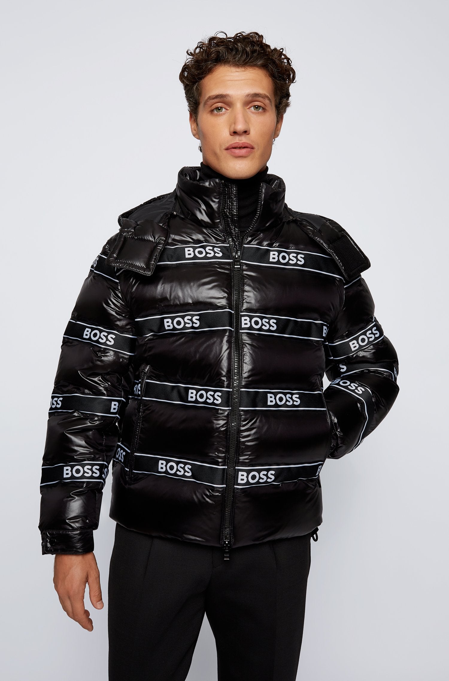 BOSS Down-filled jacket with logo trims and detachable hood