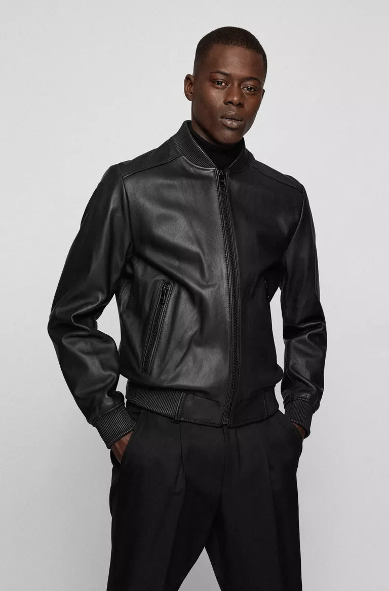 BOSS Malban zip-up bomber jacket in lamb leather